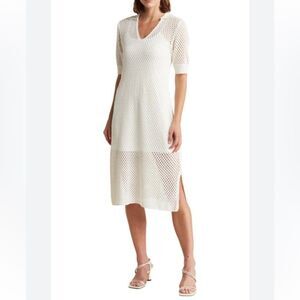 Steve Madden Short Sleeve Open Crochet Knit Midi Dress Ivory White M